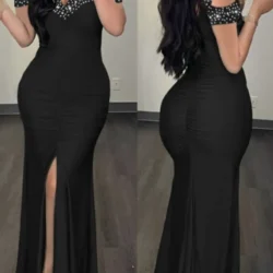 Elegant Evening Party Dresses For Women Rhinestone Cold Shoulder Slit Ruched Dress New