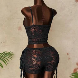 Plus Size Sexy Black Lace 2 Piece Outfit, Deep V Neck Tie‑Front Cami Top And Drawstring Side Shorts Set, Y2K Nightclub Party Bod