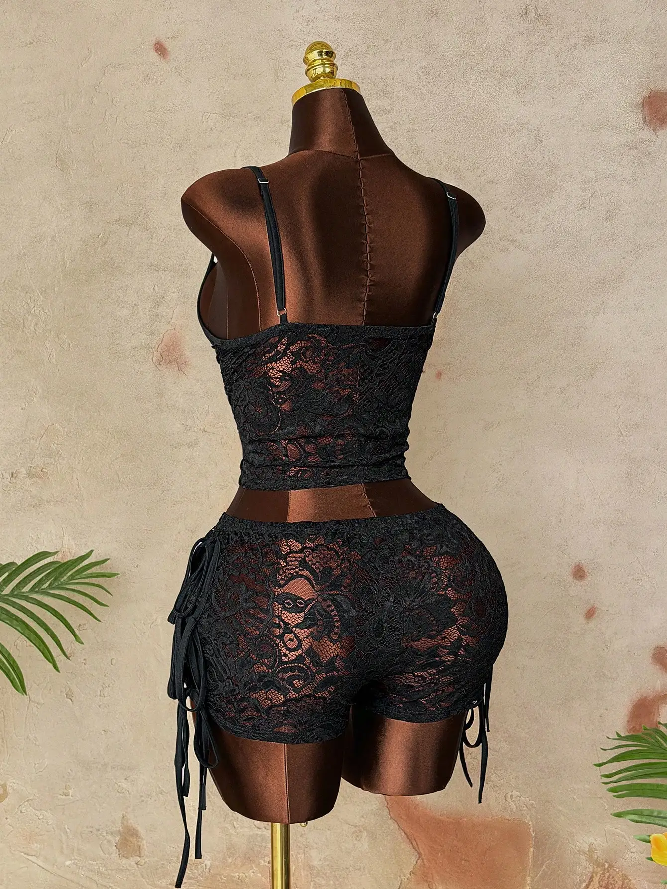 Plus Size Sexy Black Lace 2 Piece Outfit, Deep V Neck Tie‑Front Cami Top And Drawstring Side Shorts Set, Y2K Nightclub Party Bod
