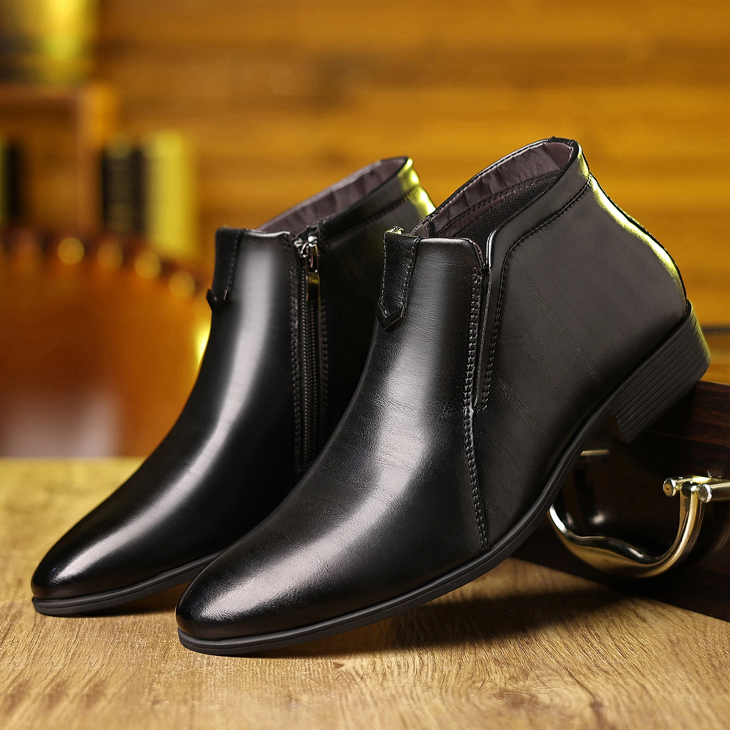 English Pointed Leather Shoes Mens High Top Chelsea Boots PU Leather Medium Top White Ankle Boots Non-Slip Zipper Men Boots - Image 5