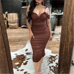 Sexy Fashion Halter-Neck Dress Tight-Fitting Pleated Figure-Hugging Deep V-Neck Solid Color Slim Dresses Evening Party Club 2026