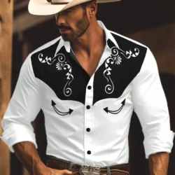 New Men's Long-Sleeved Shirt, Western Cowboy Style Vintage Pattern Printed Shirt, Long-Sleeved Lapel Trendy Men's Top.