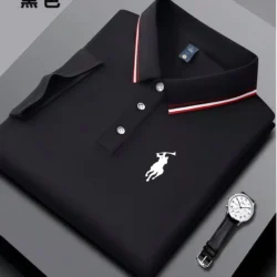Classic polo lapel decorated with red and white double stripe trim upgrade ordinary black topsmore fashionable and layeredeasy