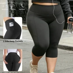 Capri Plus Size Leggings for Women with Pockets-Stretchy  Tummy Control High Waist Workout Black Yoga Pants