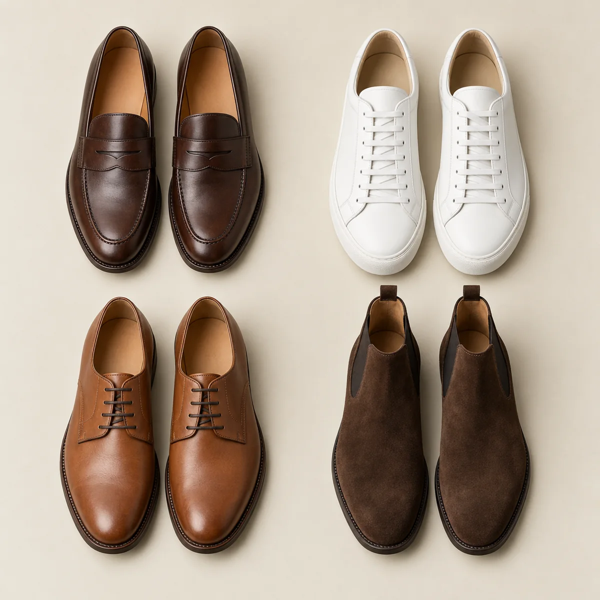Four pairs of men's shoes: brown penny loafers, white sneakers, tan leather lace-ups, and brown suede Chelsea boots.
