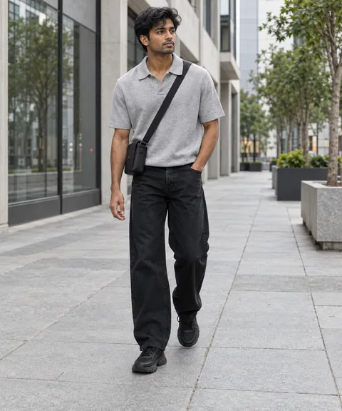 Man wearing a textured grey polo, relaxed black jeans, black sneakers, and a black crossbody bag on a city street.