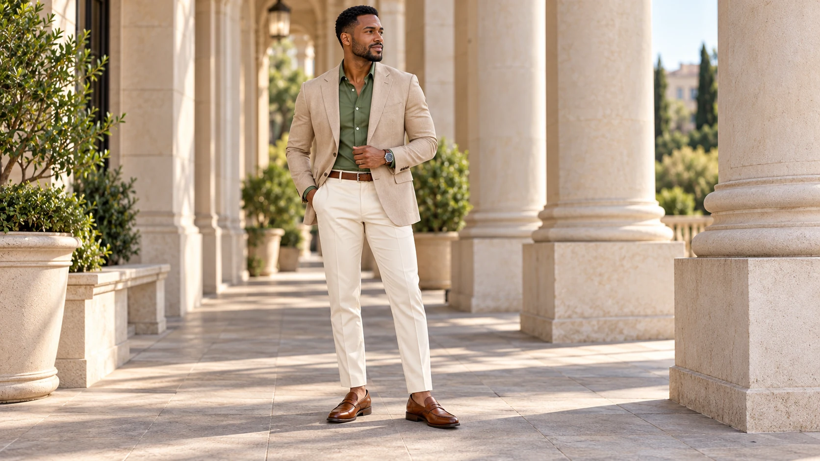 Man wearing a beige blazer over an olive green shirt with cream trousers, brown belt and brown loafers.
