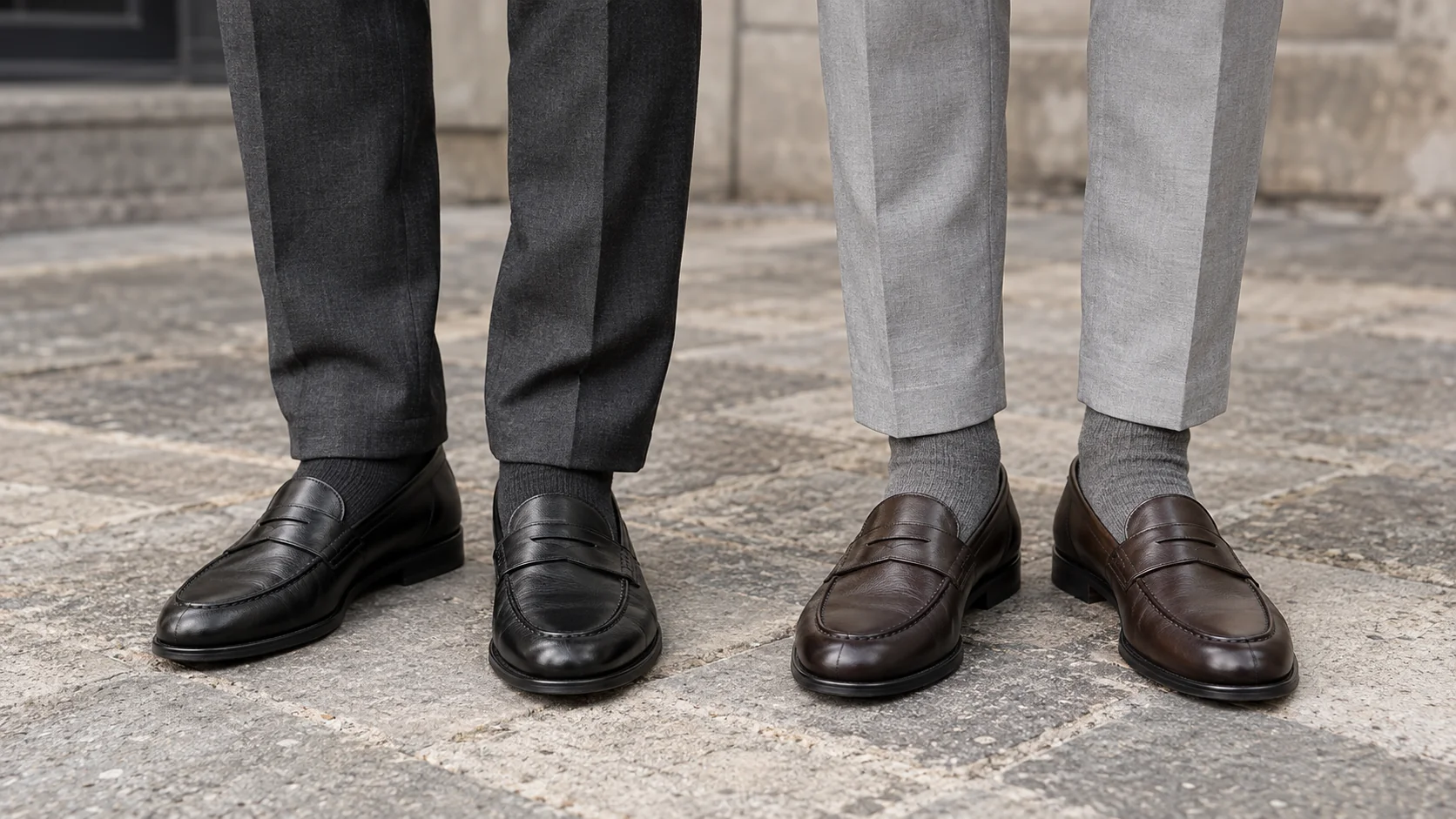 Black penny loafers with charcoal trousers beside dark brown penny loafers with light grey trousers.