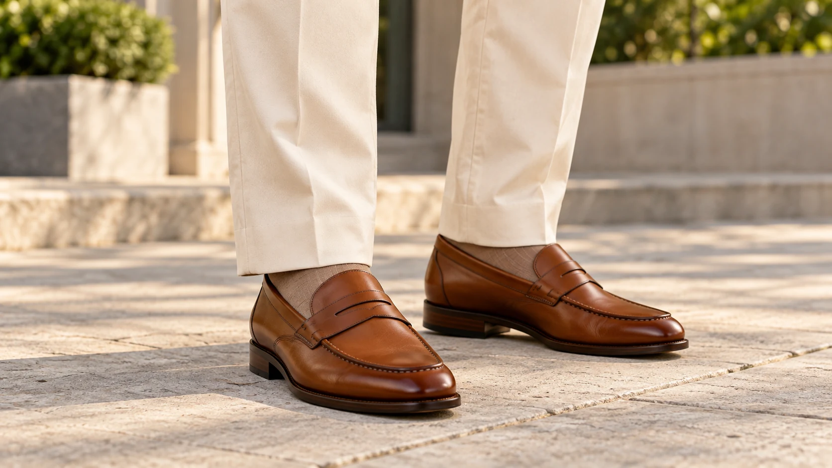 Polished brown penny loafers worn with cream tailored trousers and neatly finished hems.