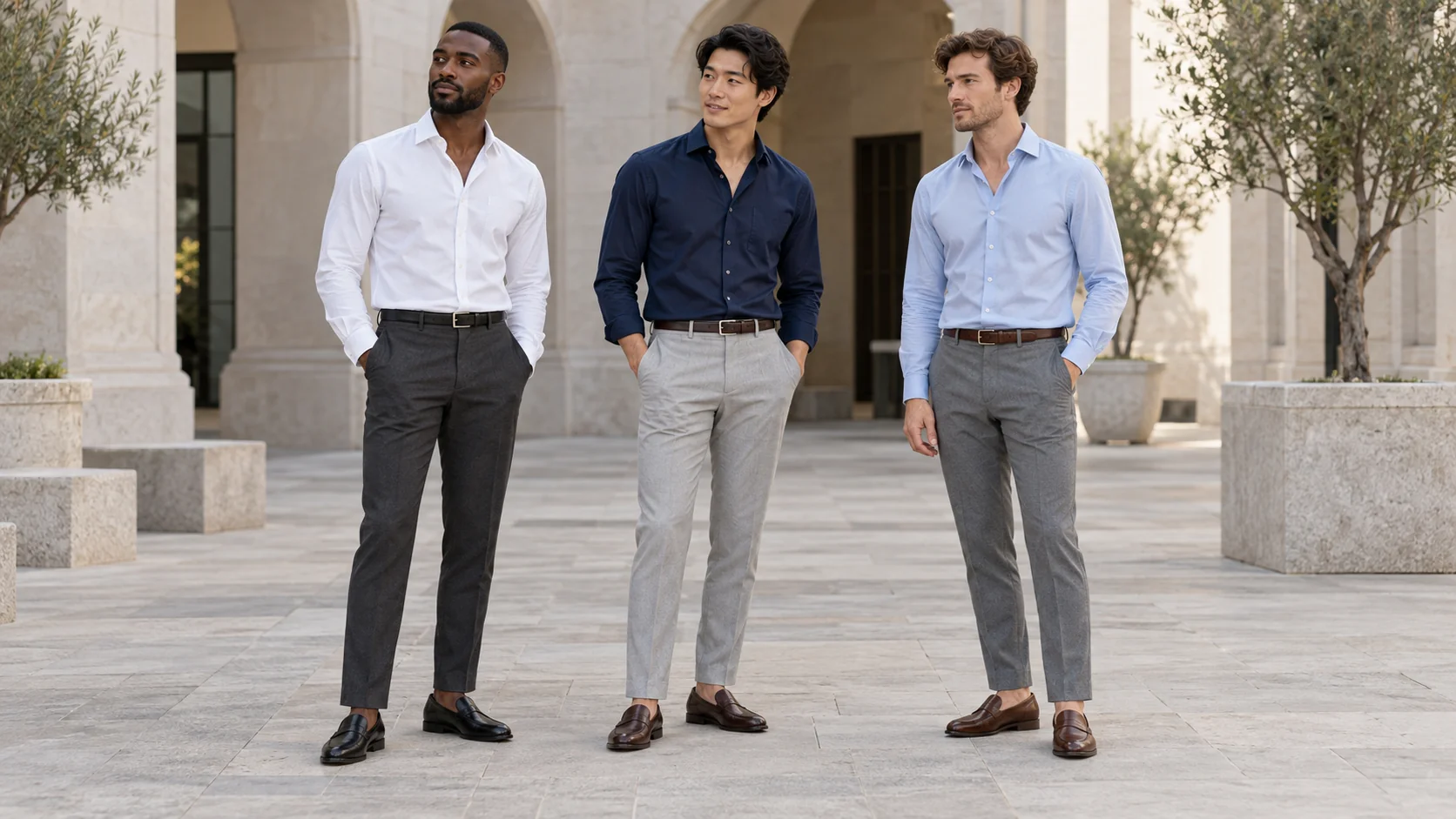 Three men wearing white, navy and light blue shirts with charcoal, light grey and medium grey trousers.