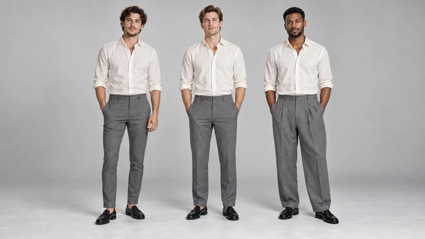 Three men showing slim, straight and relaxed grey trouser silhouettes from left to right.