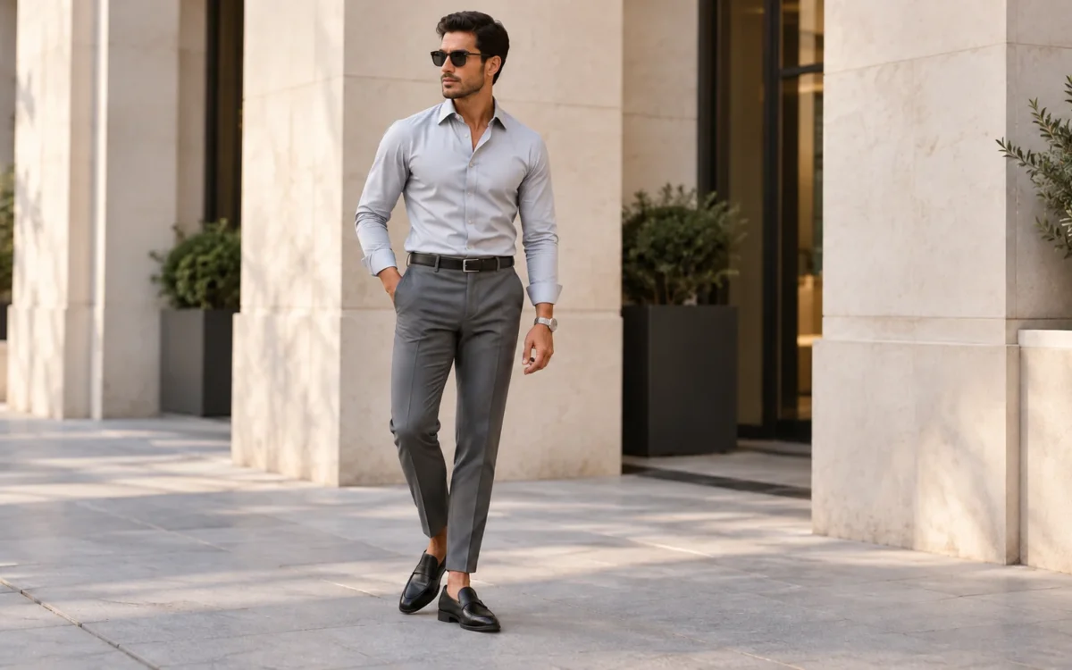 Stylish man wearing a light grey dress shirt, charcoal tailored trousers and black leather loafers.