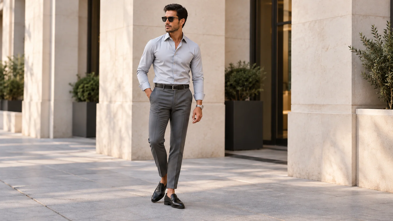 Stylish man wearing a light grey dress shirt, charcoal tailored trousers and black leather loafers.