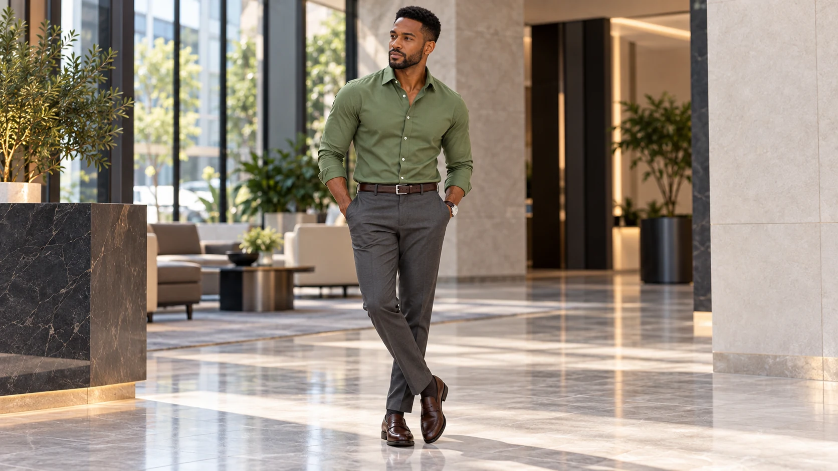 Man wearing an olive green dress shirt, charcoal trousers and dark brown loafers in a modern office setting.