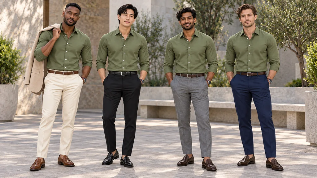 Four men wearing olive green shirts with cream, black, medium grey and navy trousers from left to right.