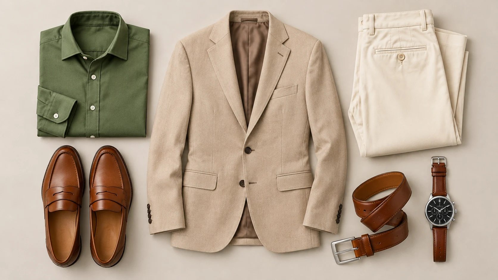 Flat lay of an olive green shirt, cream trousers, beige blazer, brown loafers, brown belt and brown-strap watch.