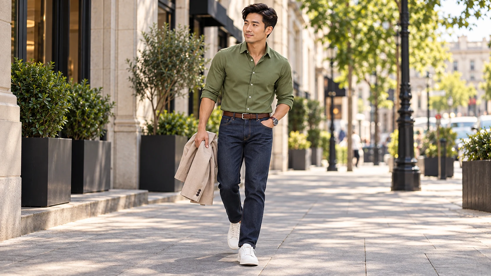 Man wearing an olive green Oxford shirt, dark indigo jeans and clean white minimalist sneakers outdoors.