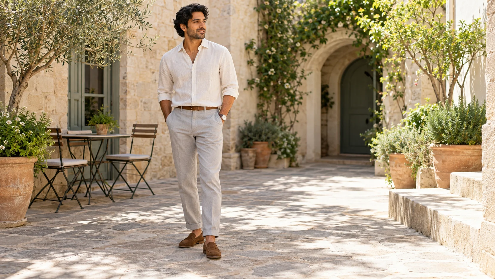 Man wearing an ivory linen-style shirt, light grey trousers and brown suede loafers in a sunny courtyard.