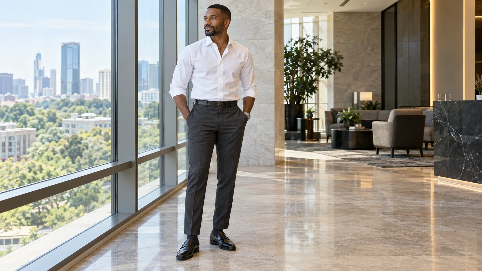 Man wearing a white shirt, charcoal trousers, black loafers and a silver watch in a modern office lobby.